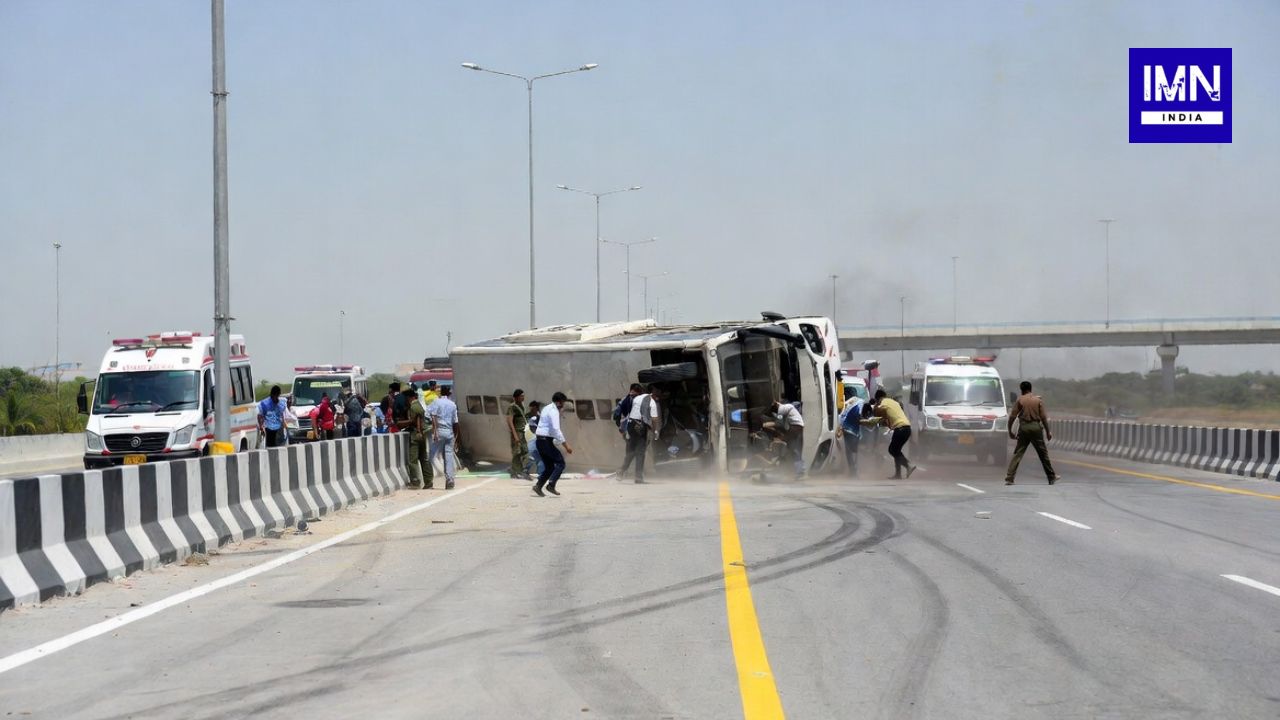 Ahmedabad Dholera Expressway bus accident, Gujarat bus overturns, Ahmedabad bus accident today, Dholera Expressway accident news, Gujarat road accident 2026, Ahmedabad bus crash woman dead, Gujarat highway accident rescue