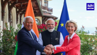 Prime Minister Narendra Modi with European Council President António Costa and European Commission President Ursula von der Leyen during a bilateral meeting at the G7 Summit.