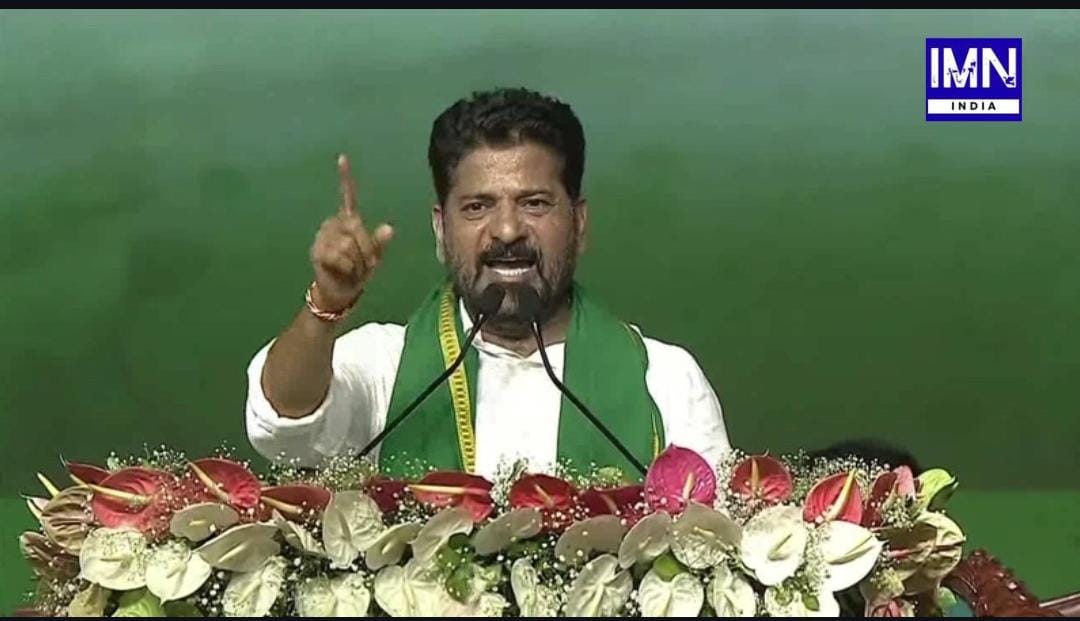 Telangana CM Revanth Reddy addressing Congress workers in Khammam, predicting 115 seats win