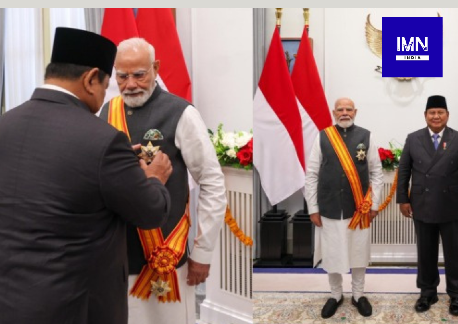 Prime Minister Narendra Modi receives Indonesia’s highest civilian honour, the Bintang Adipurna, during an official ceremony.