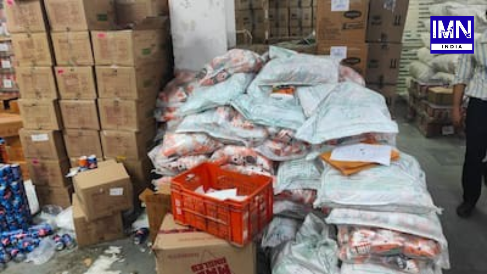 Seized packaged food items linked to the expired food relabelling racket in Delhi