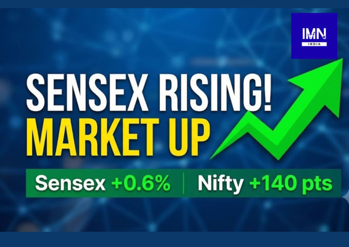 India stock market trading screen showing Sensex and Nifty gains amid strong buying in FMCG and realty stocks