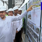 Construction work underway at the Mumbai-Ahmedabad Bullet Train Project site in Gujarat as Railway Minister Ashwini Vaishnaw reviews progress.