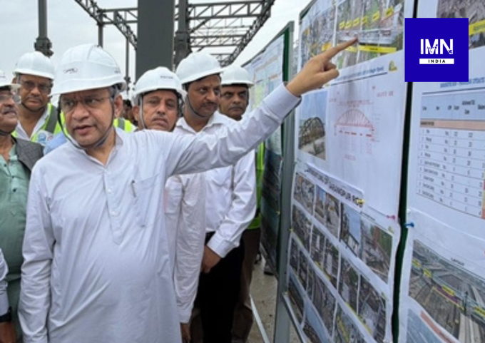 Construction work underway at the Mumbai-Ahmedabad Bullet Train Project site in Gujarat as Railway Minister Ashwini Vaishnaw reviews progress.