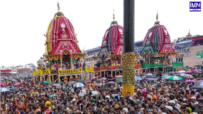 Devotees gather during the Puri Rath Yatra stampede-like situation on Grand Road